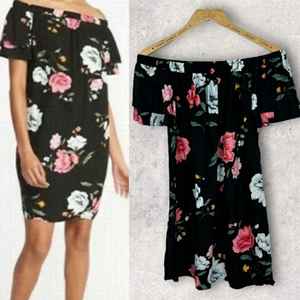 Old Navy Black Floral Cascading Ruffle Mini Dress Size Small Petite Off Shoulder